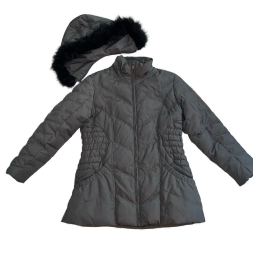 Bebe Pewter Silver Heavy Long Winter Puffer Coat Faux Fur Detach Hood Size XL
